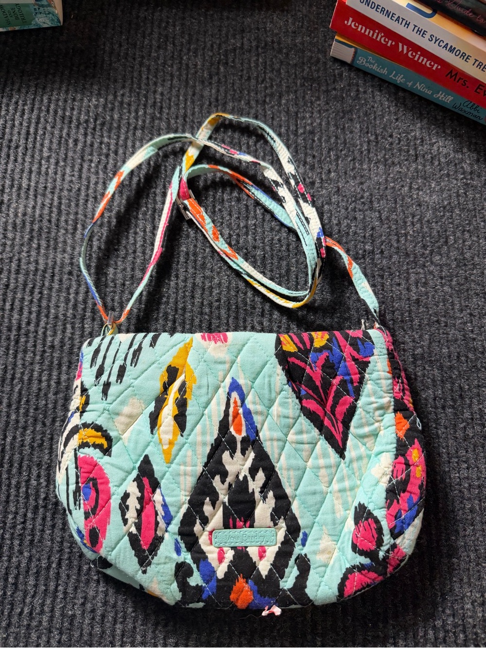 Vera Bradley Aqua Quilted Crossbody with Multicolor Tribal Print